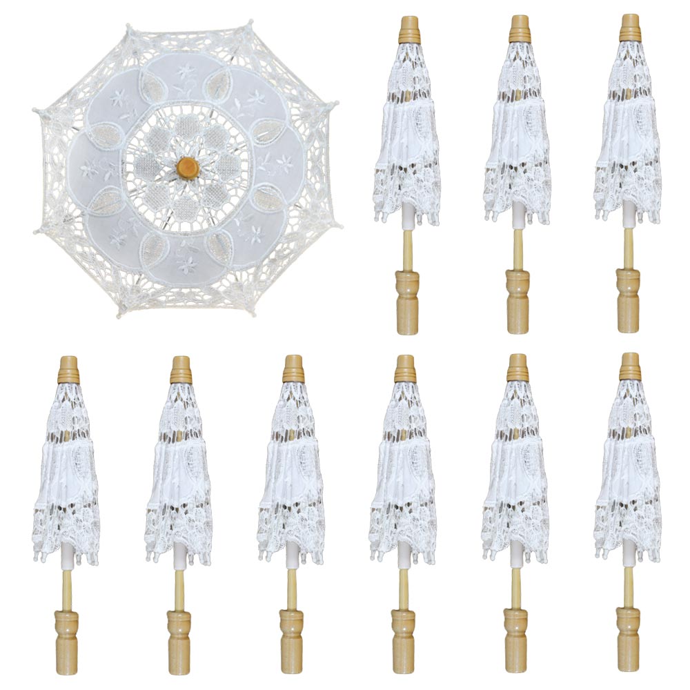 10 ombrellini wedding in legno con tessuto ricamato in pizzo bianco 36 x h 32 cm.